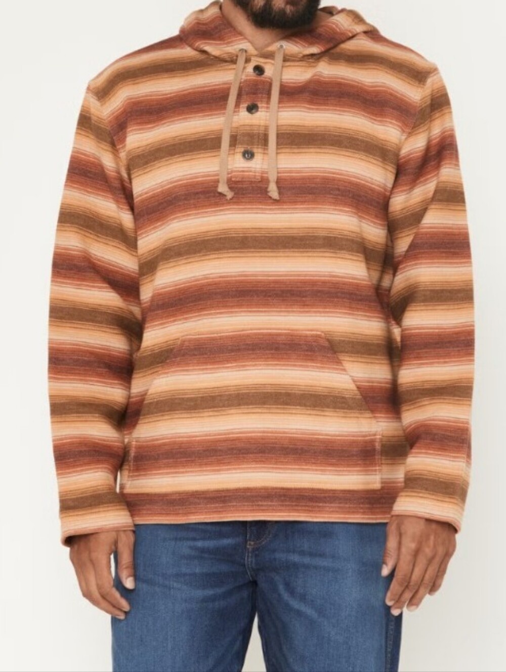 Pendleton Driftwood Striped Cotton 3 Button Hoodie in Brown and Tan M